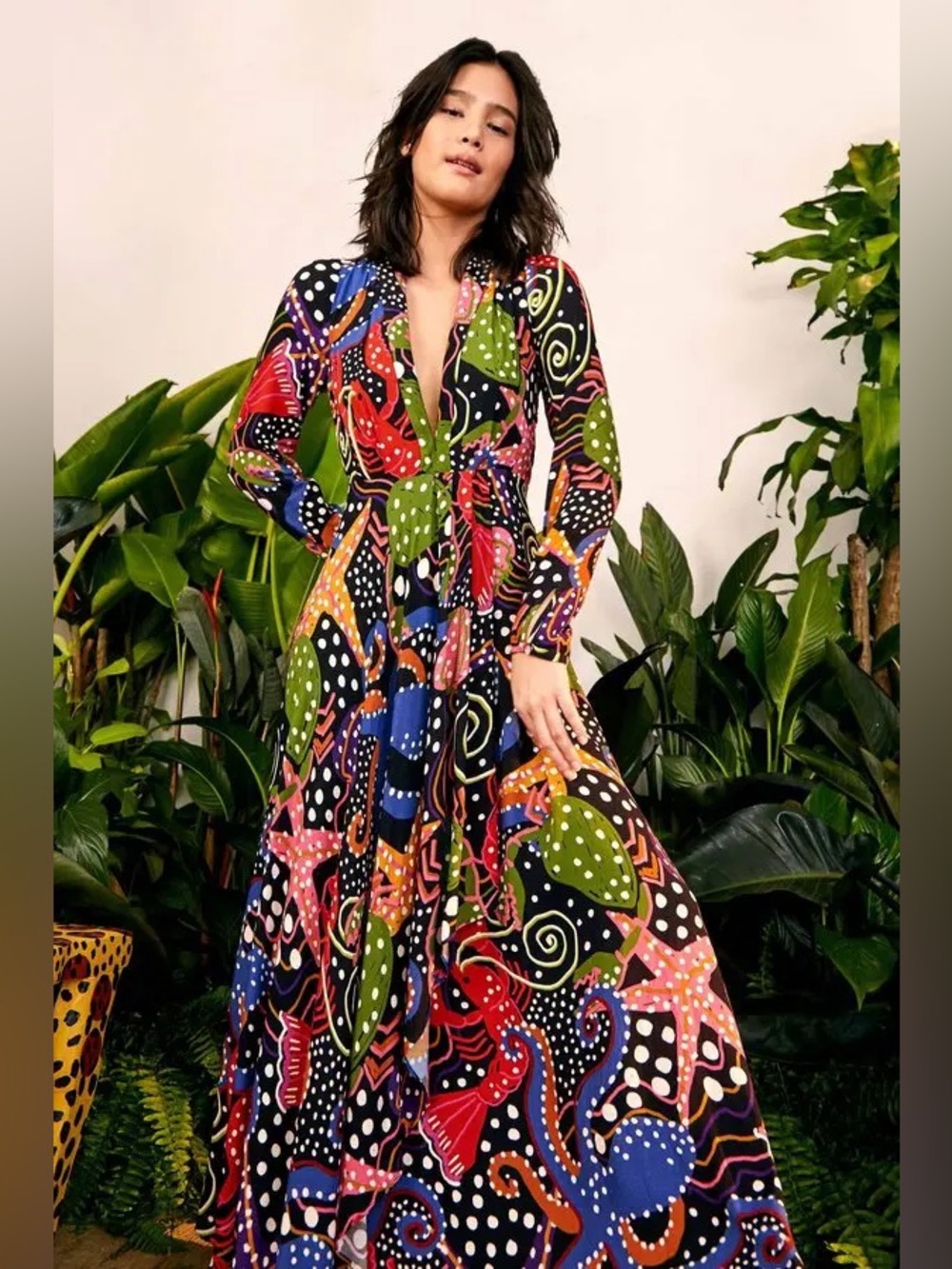 Farm Rio under the sea deep v neck long sleeve maxi dress multicolor black S nwt